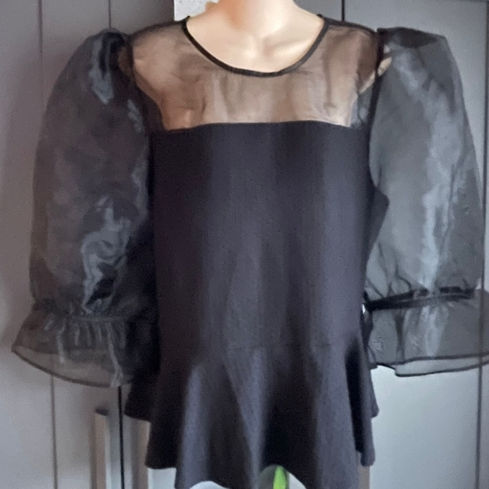 Salo La Fille Elegant Black Sheer Puff Sleeve Top Size Medium